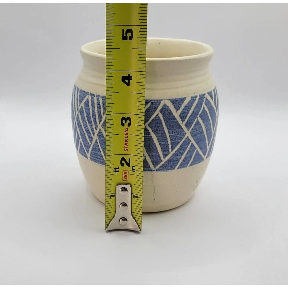 Studio Pottery Blue & White Geometric Pattern Signed 4